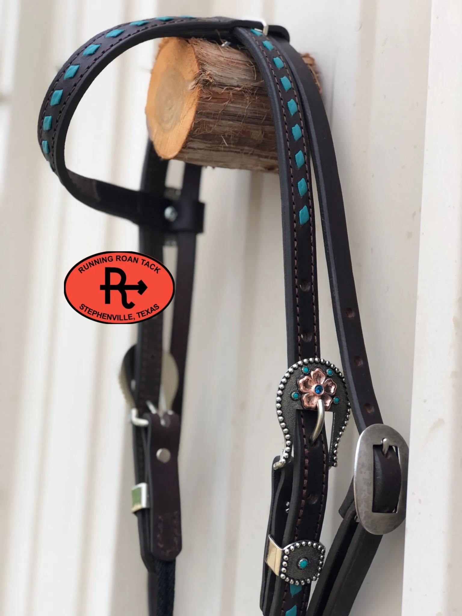 Single Ear with Throatlatch Draw Gag Bit Headstall with Turquoise Buckstitch and German Silver Hardware