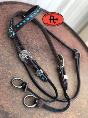 Single Ear with Throatlatch Draw Gag Bit Headstall with Turquoise Buckstitch and German Silver Hardware