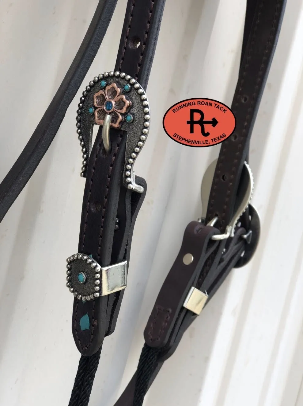 Single Ear with Throatlatch Draw Gag Bit Headstall with Turquoise Buckstitch and German Silver Hardware