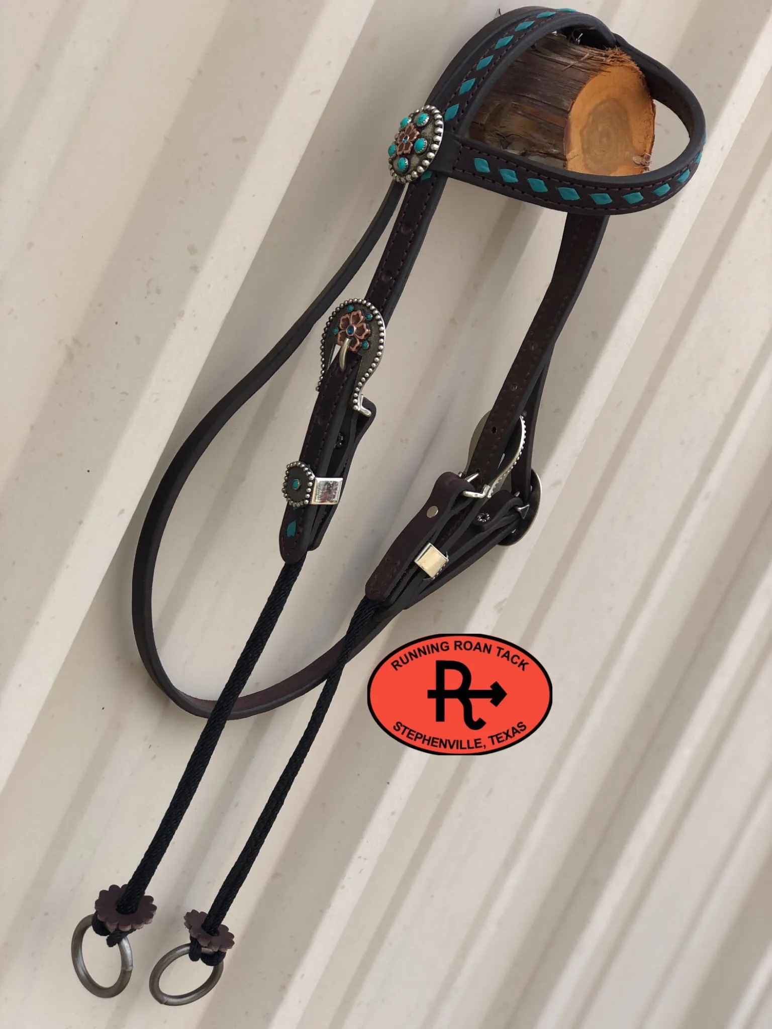 Single Ear with Throatlatch Draw Gag Bit Headstall with Turquoise Buckstitch and German Silver Hardware