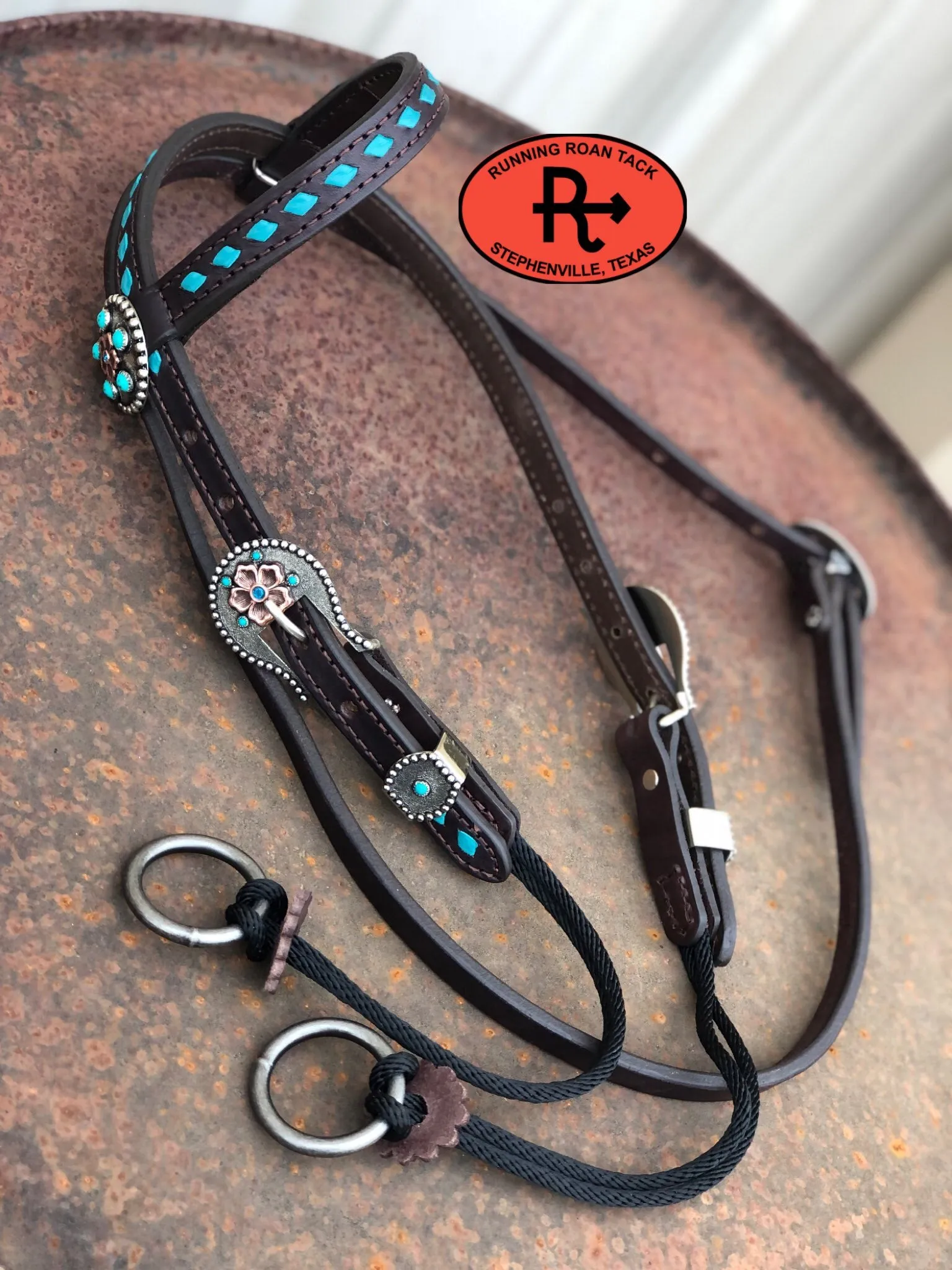 Single Ear with Throatlatch Draw Gag Bit Headstall with Turquoise Buckstitch and German Silver Hardware
