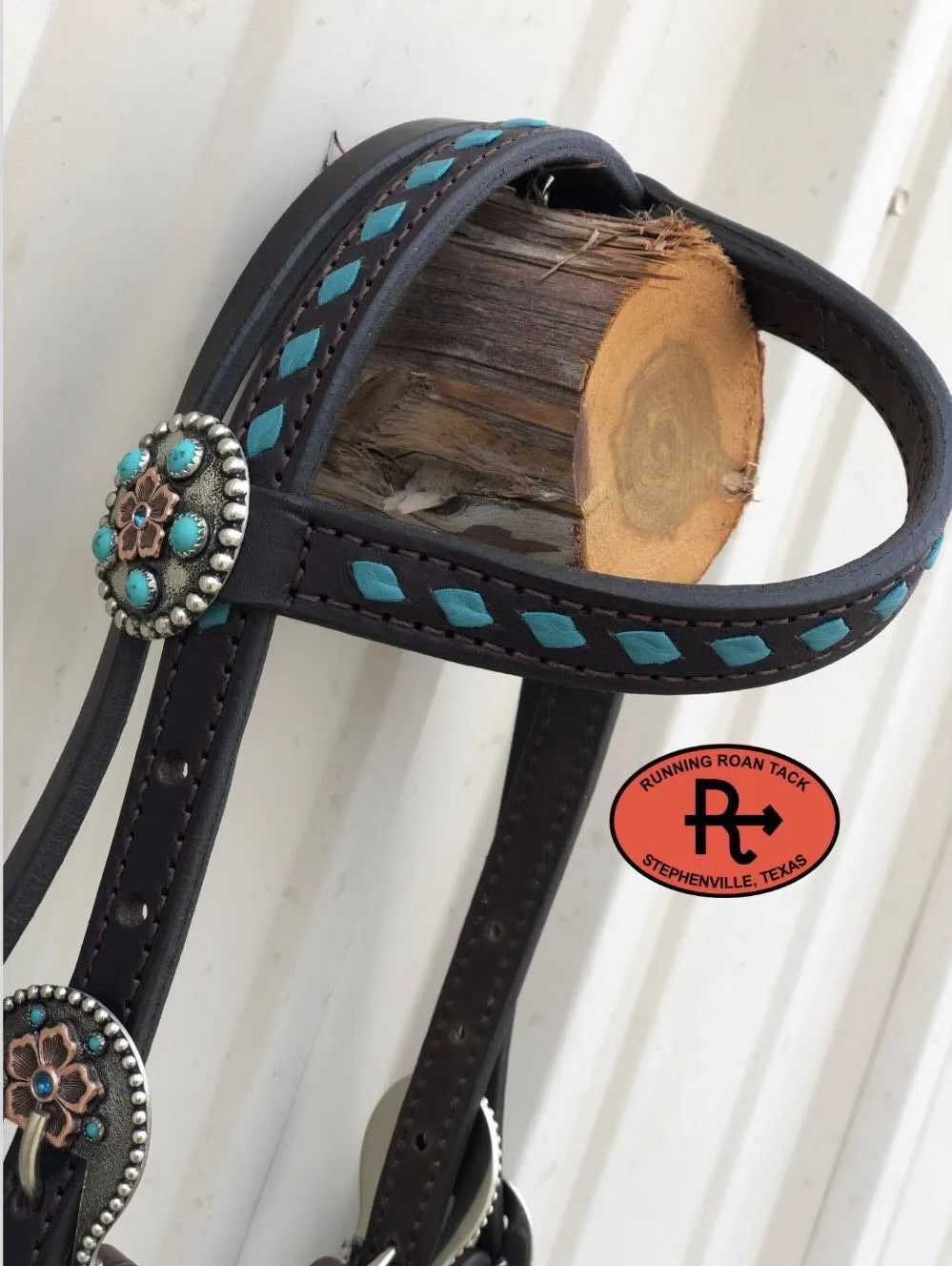 Single Ear with Throatlatch Draw Gag Bit Headstall with Turquoise Buckstitch and German Silver Hardware