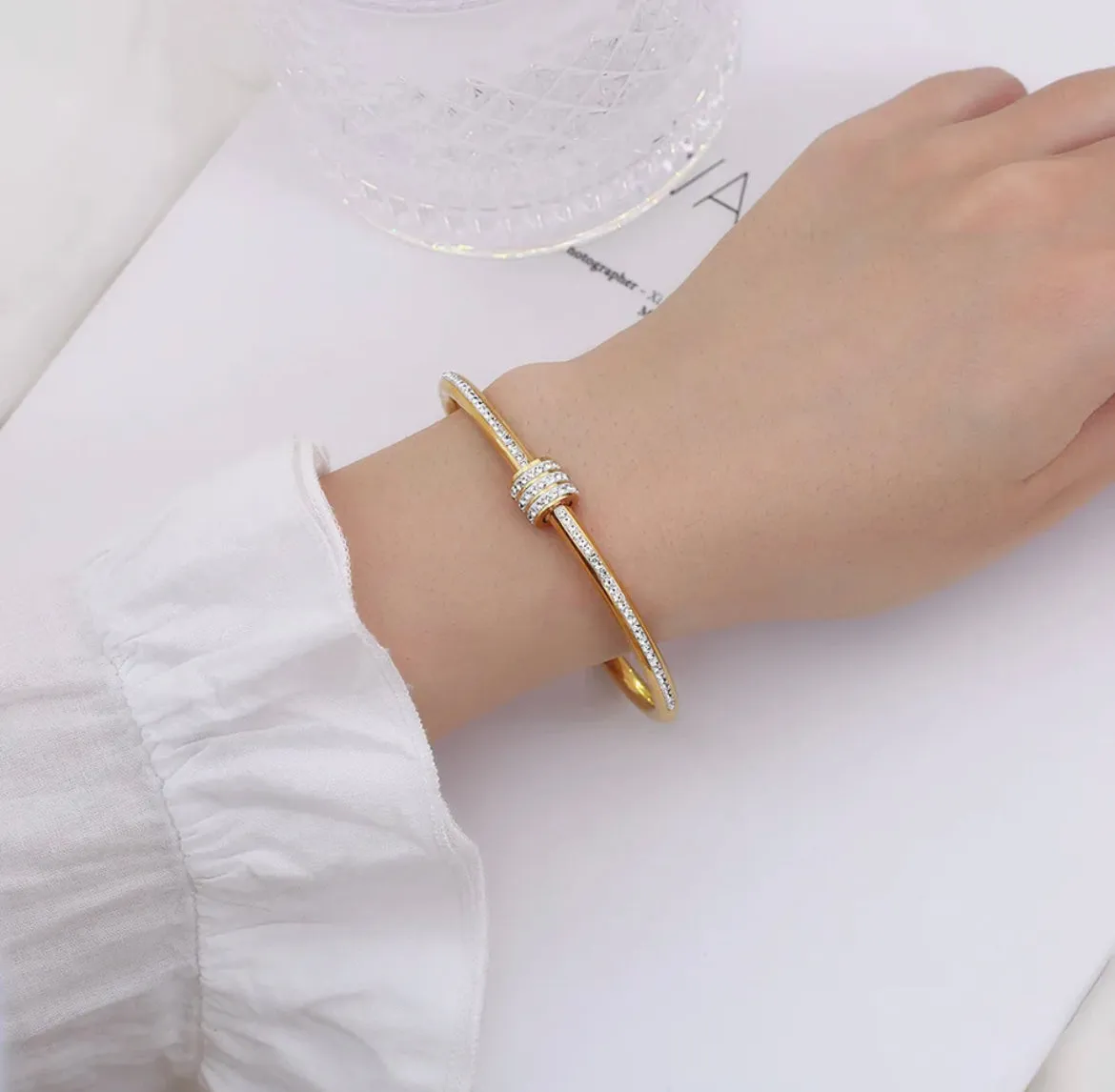 Single Row CZ Bangle Bracelet - Gold and Silver