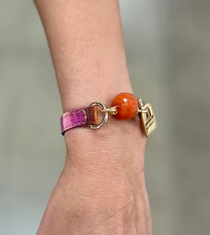 Single Wrap Camel Leather and Magenta Fabric Bracelet with Orange Jasper Stone