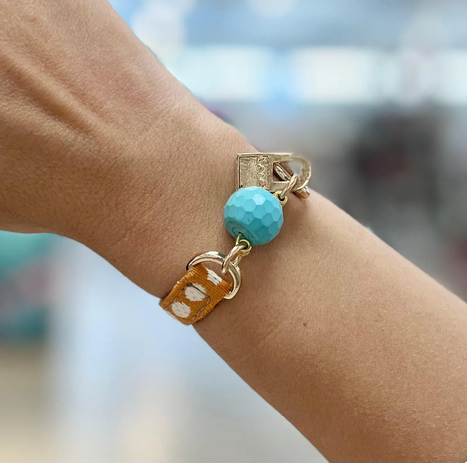 Single Wrap Camel Leather and Orange Fabric Bracelet with Turquoise Stone