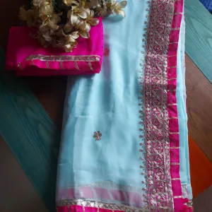Skyblue Gota Patti Saree Pink Border