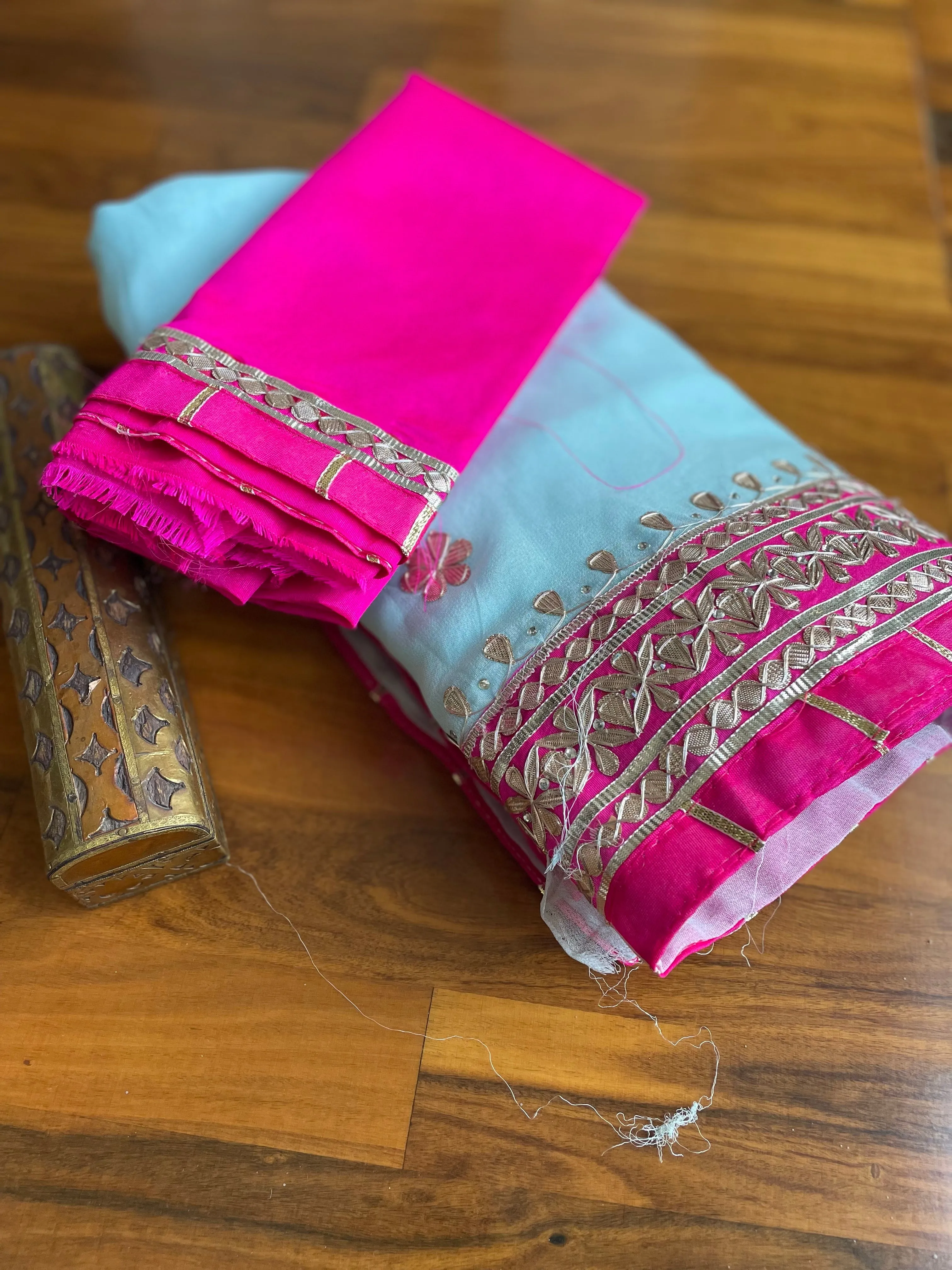 Skyblue Gota Patti Saree Pink Border