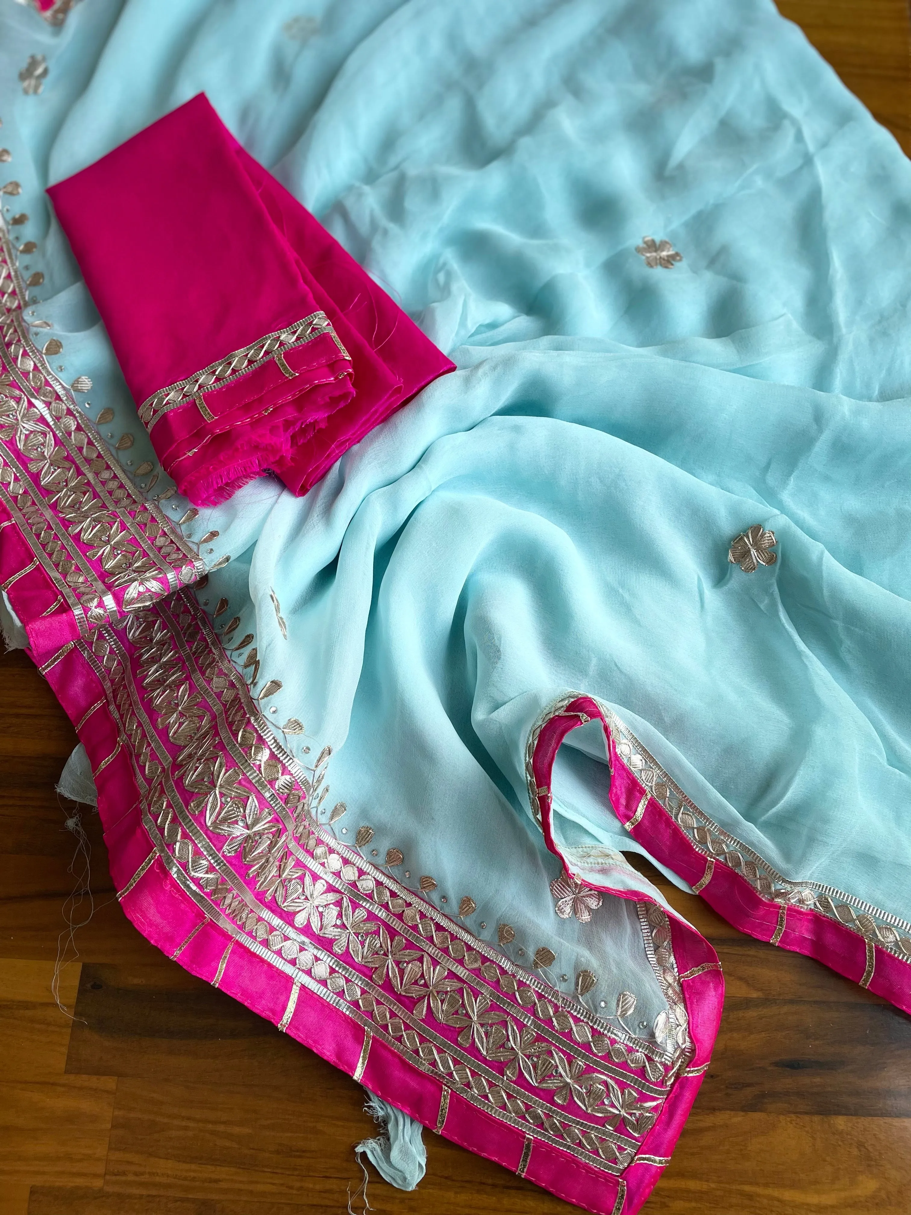 Skyblue Gota Patti Saree Pink Border