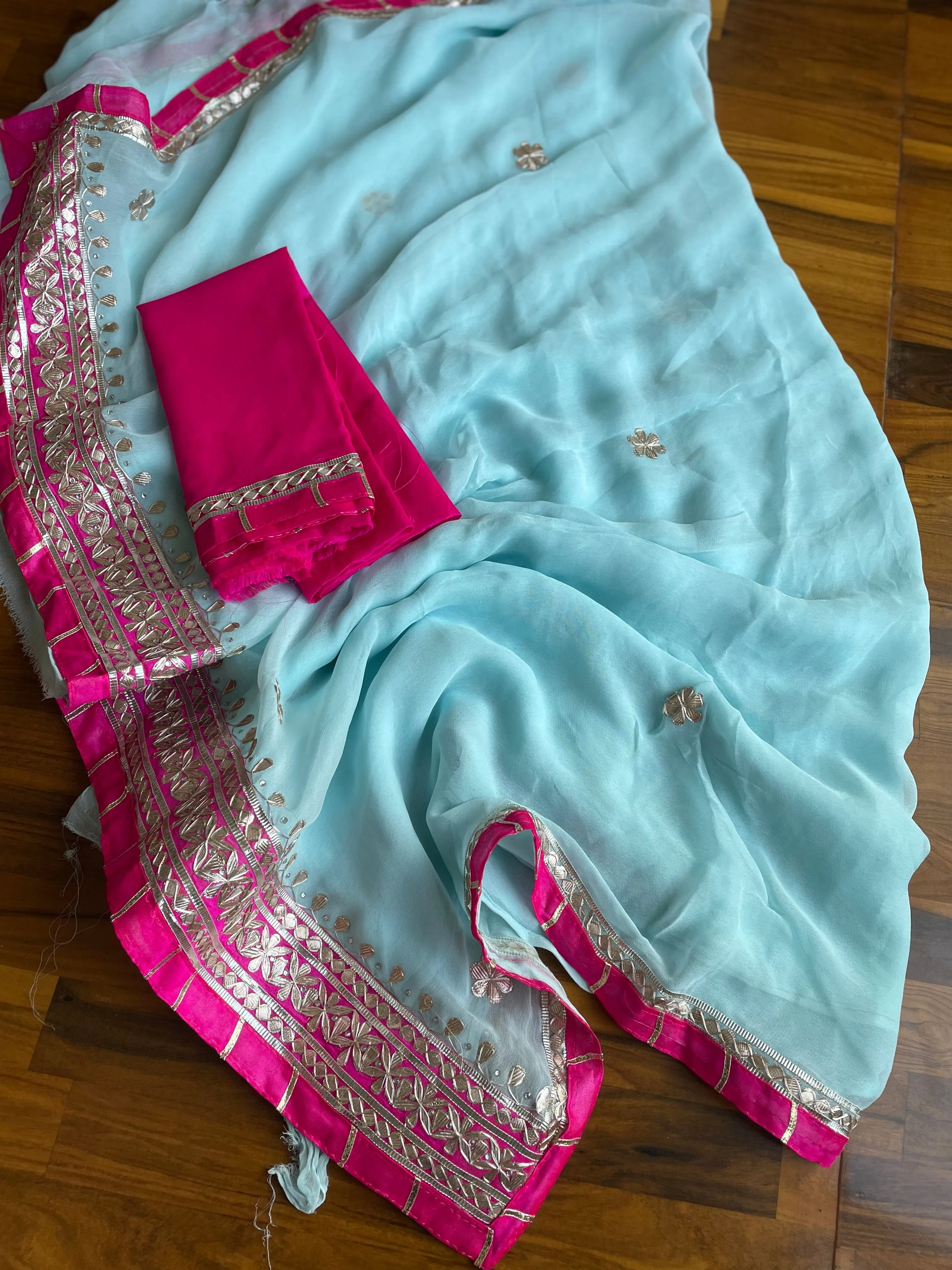 Skyblue Gota Patti Saree Pink Border