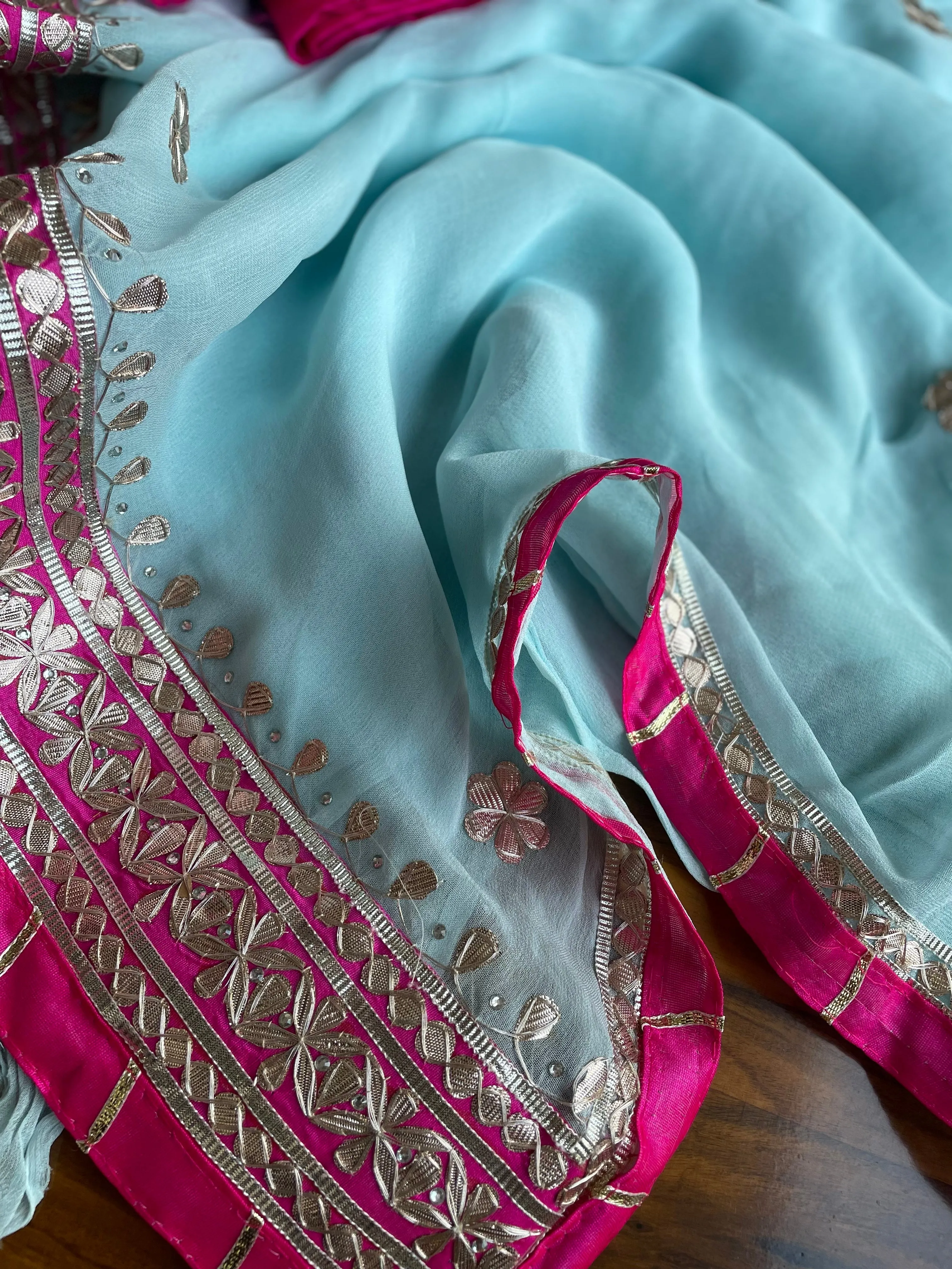 Skyblue Gota Patti Saree Pink Border