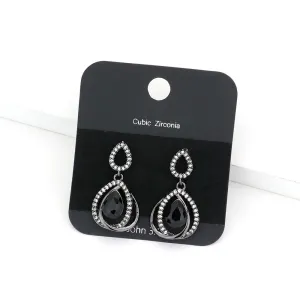 Small Black Teardrop Encircled by Rhinestones Pageant Earrings | Interview Earrings |  557236