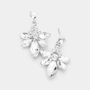 Small Clear Crystal Floral Drop Pageant Earrings on Silver | Interview Earrings | 478019