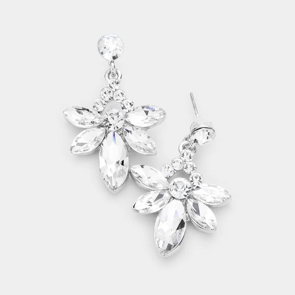 Small Clear Crystal Floral Drop Pageant Earrings on Silver | Interview Earrings | 478019