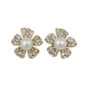 Small Crystal Flower with White Pearl Pierced Earring - PT408E
