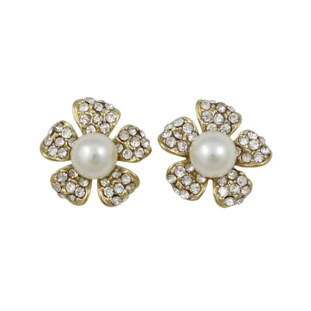 Small Crystal Flower with White Pearl Pierced Earring - PT408E
