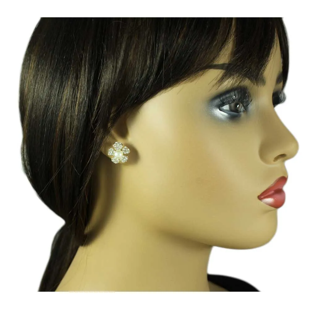 Small Crystal Flower with White Pearl Pierced Earring - PT408E