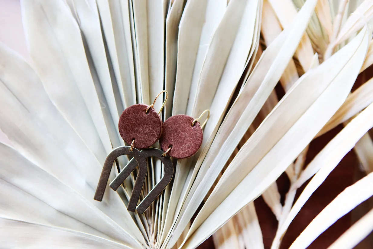 small leather   brass arch earrings