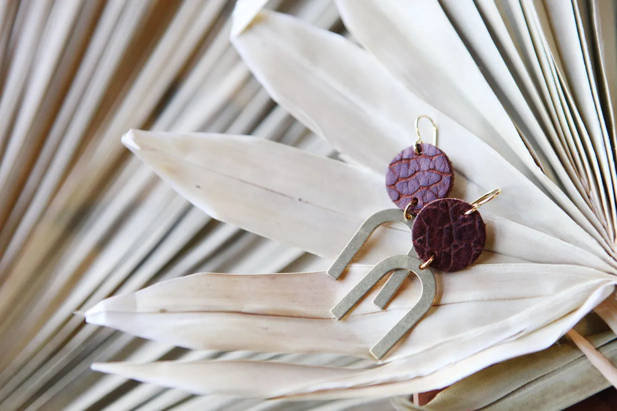 small leather   brass arch earrings
