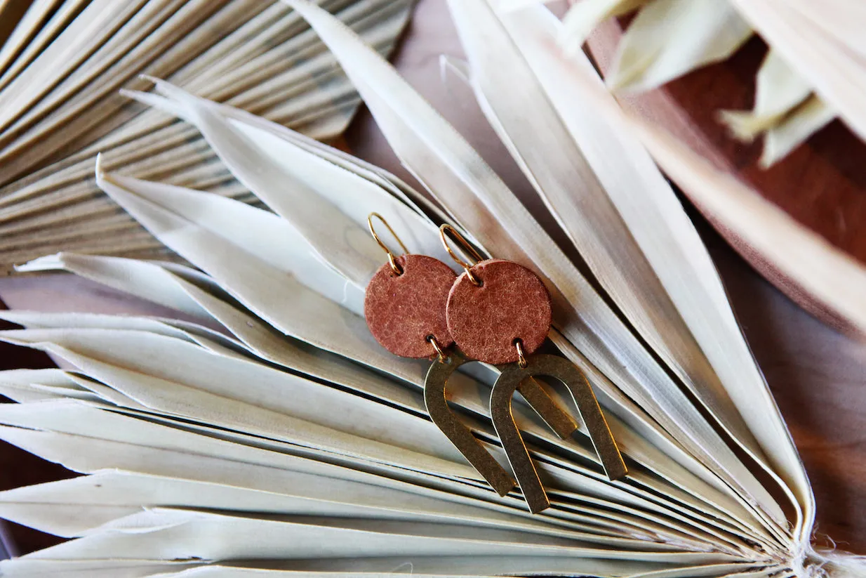 small leather   brass arch earrings