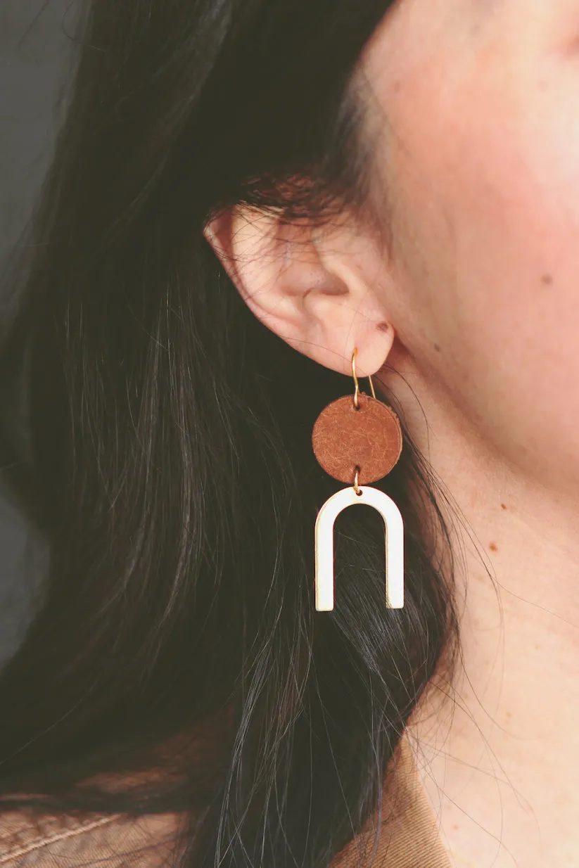 small leather   brass arch earrings