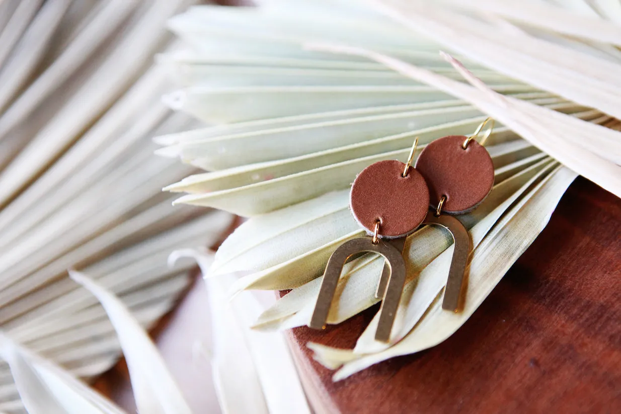 small leather   brass arch earrings
