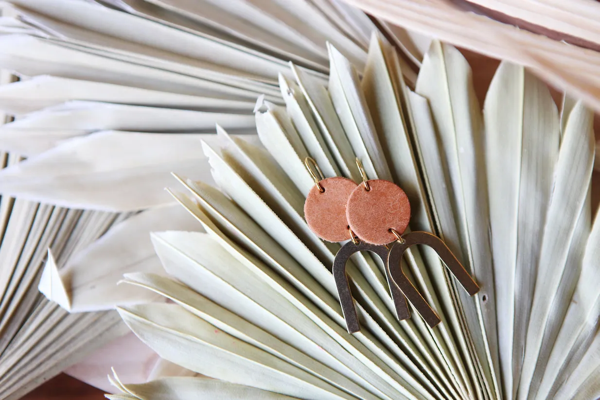 small leather   brass arch earrings