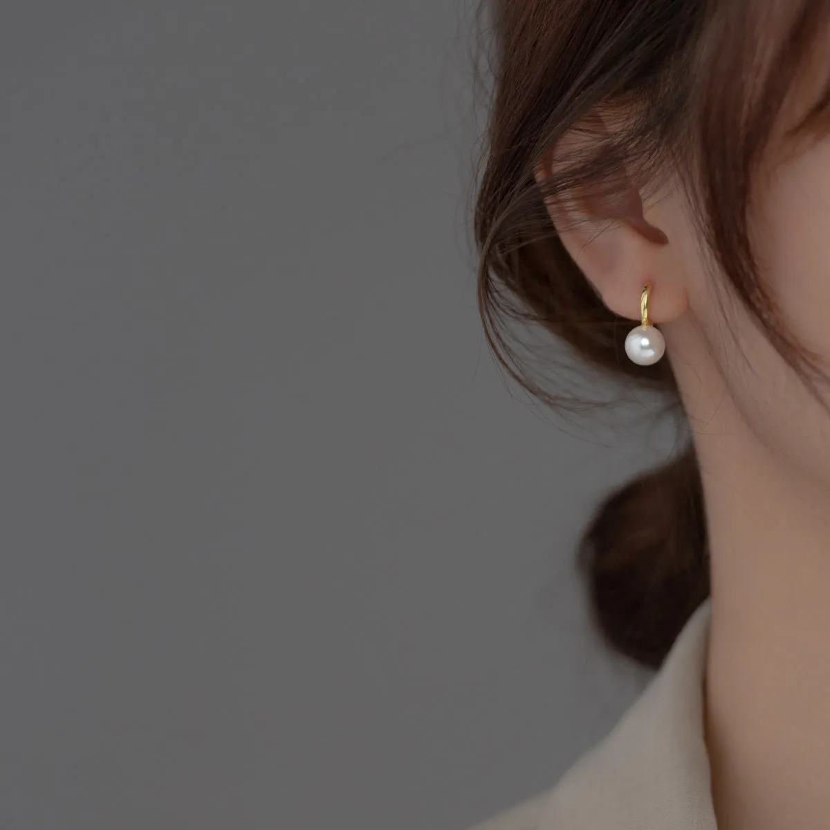 Small Pearl Drop Huggie Earrings-SH050