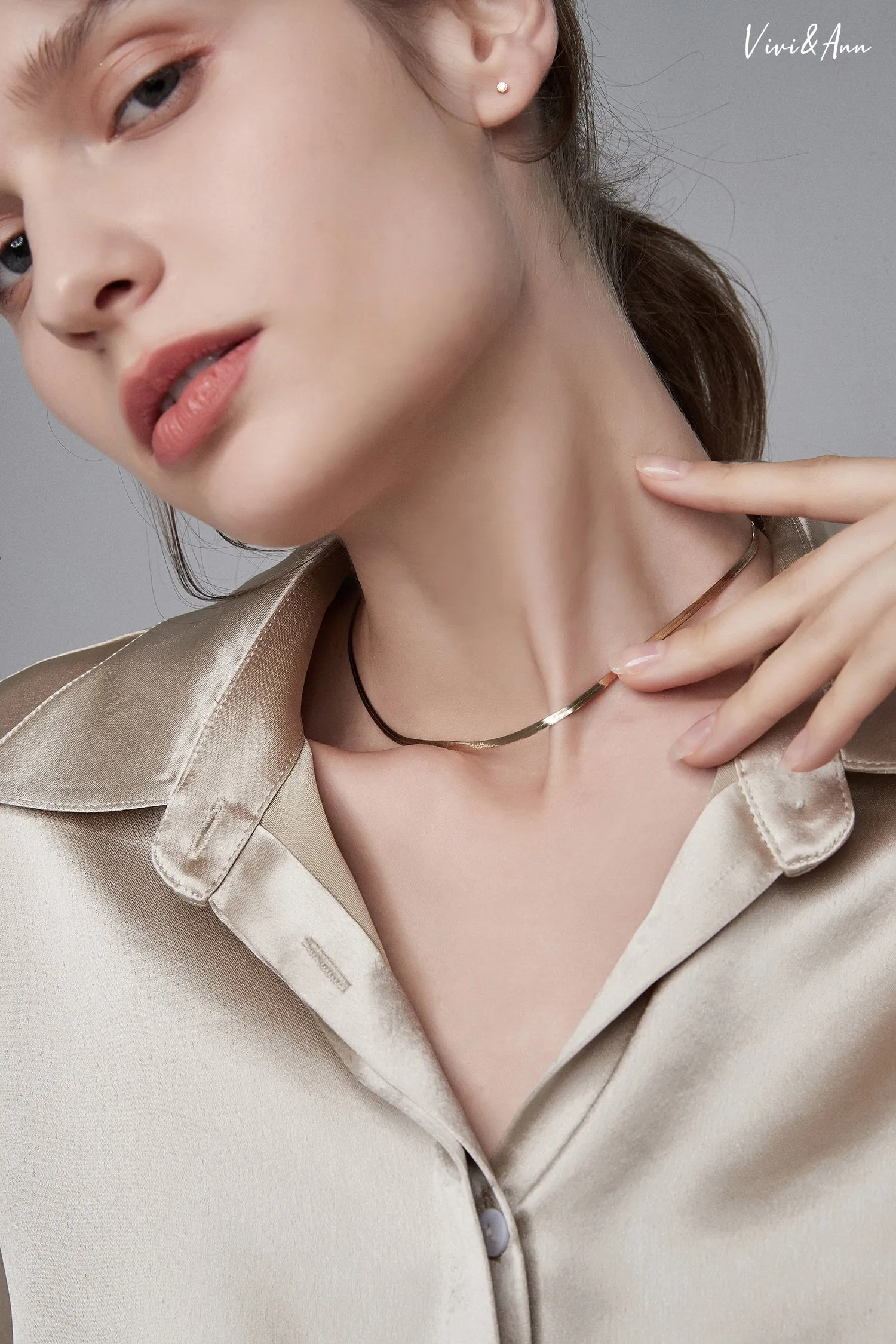Solid 18K Gold Herringbone Chain Necklace