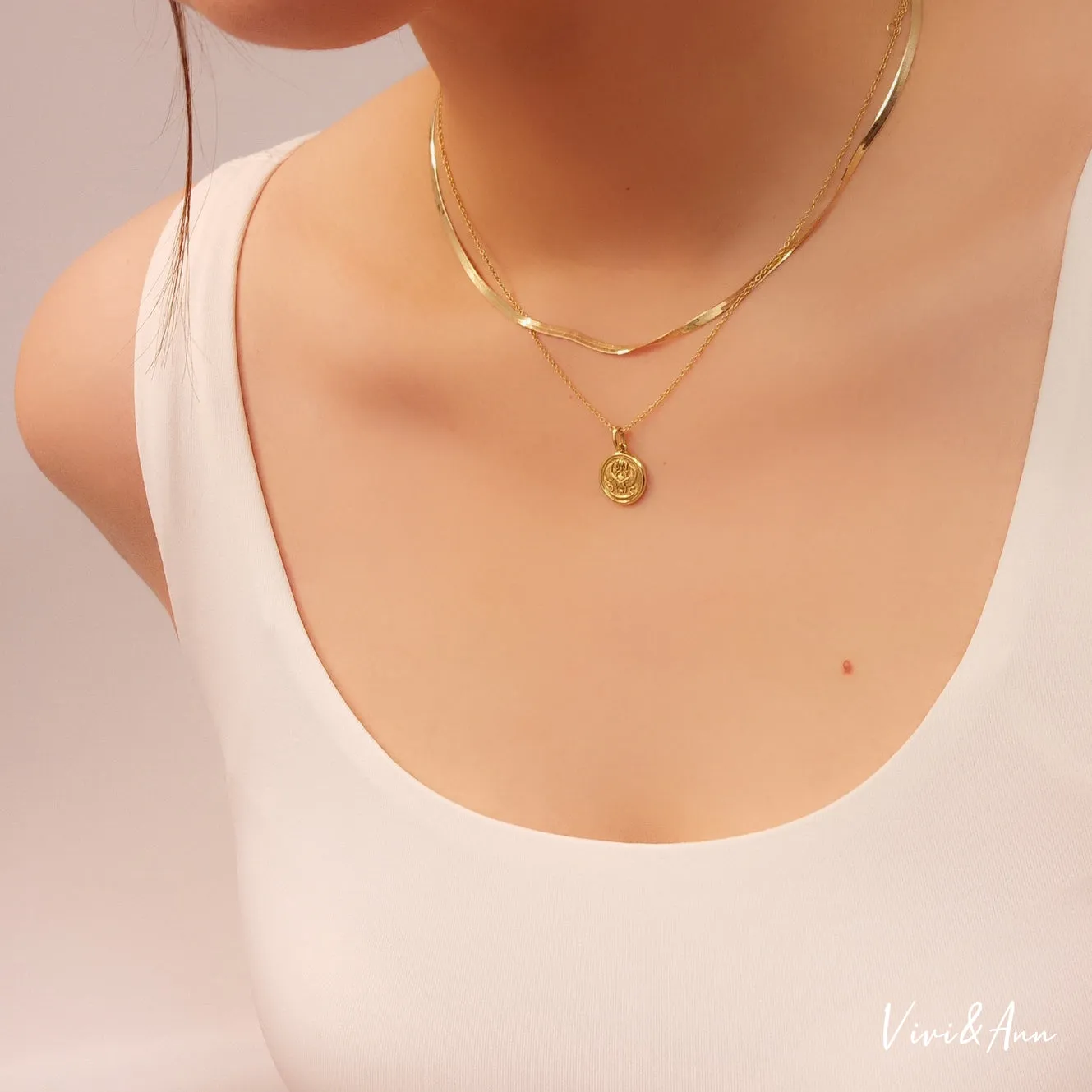 Solid 18K Gold Herringbone Chain Necklace