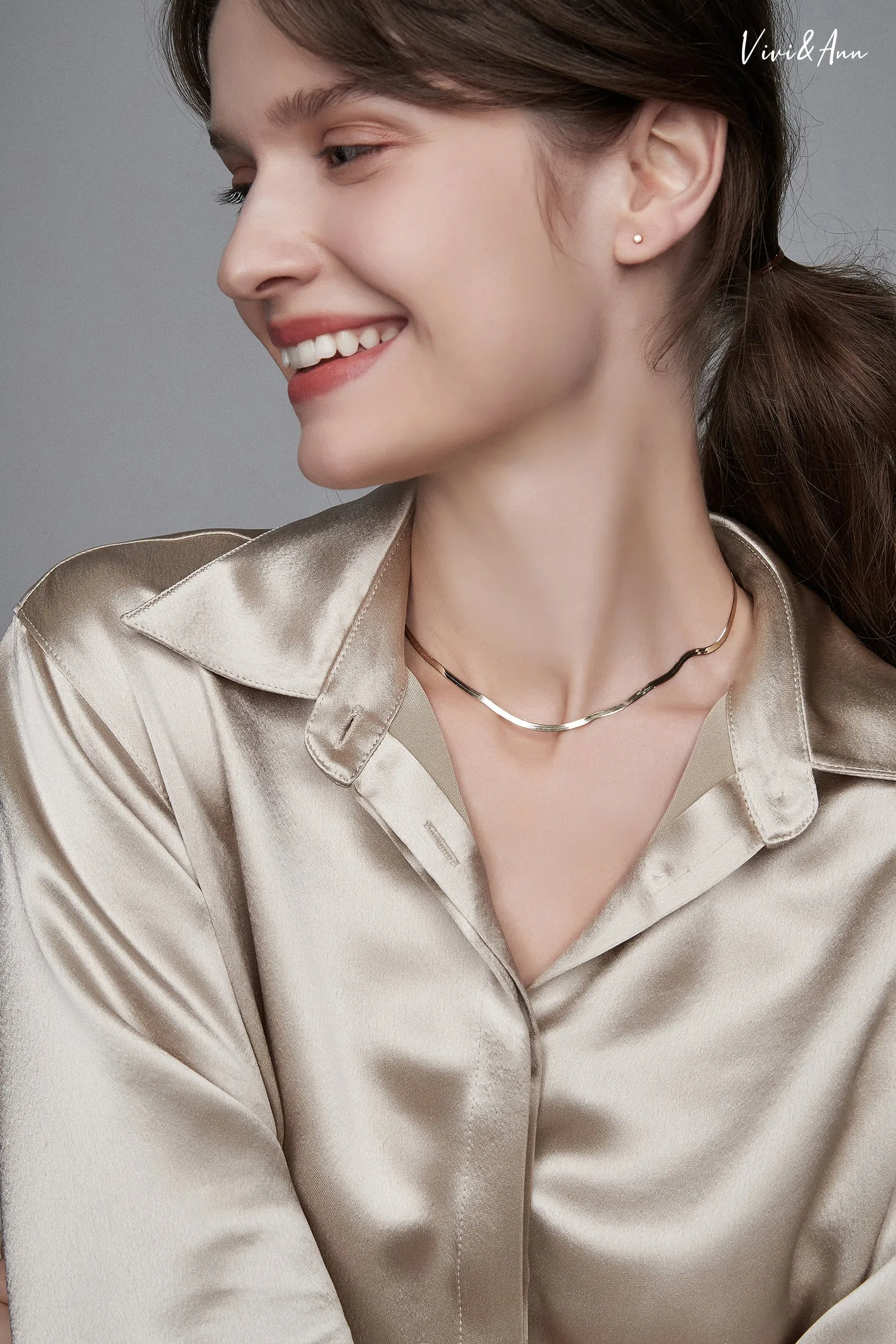 Solid 18K Gold Herringbone Chain Necklace