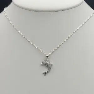 Solid 925 Sterling Silver. Cute Dolphin CZ Pendant & Chain