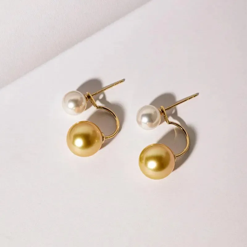 South Sea and Akoya Double Pearl 18K Gold Curved Stud Earrings