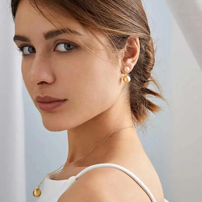 South Sea and Akoya Double Pearl 18K Gold Curved Stud Earrings