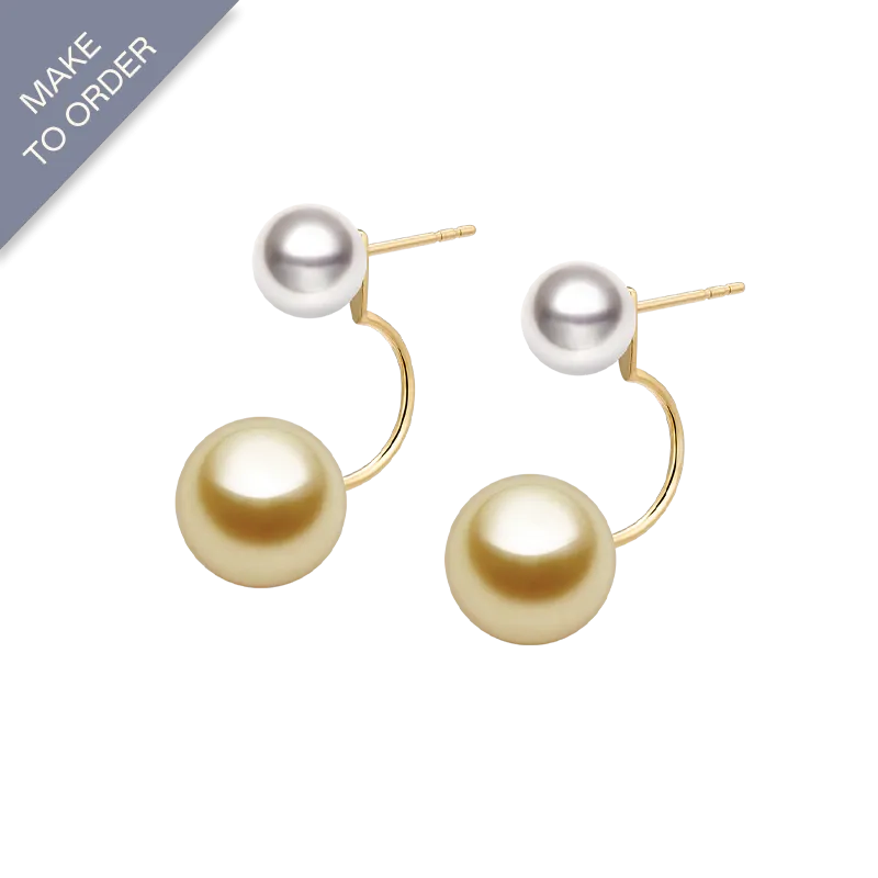 South Sea and Akoya Double Pearl 18K Gold Curved Stud Earrings