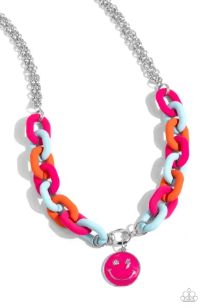 Speed SMILE - Pink - Blue, and Orange Acrylic Link Smiley Face Paparazzi Short Necklace
