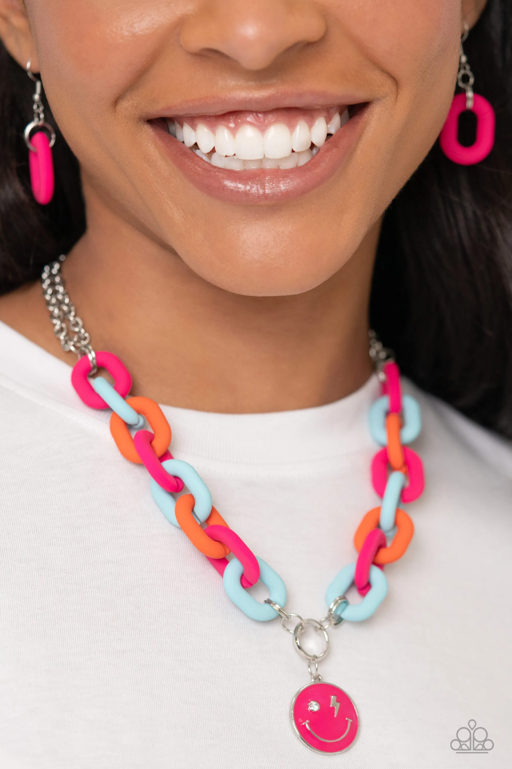 Speed SMILE - Pink - Blue, and Orange Acrylic Link Smiley Face Paparazzi Short Necklace