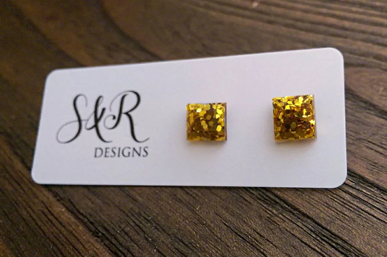 Square Resin Stud Earrings, Glitter Earrings, Gold Glitter Earrings made with Stainless Steel. 8mm