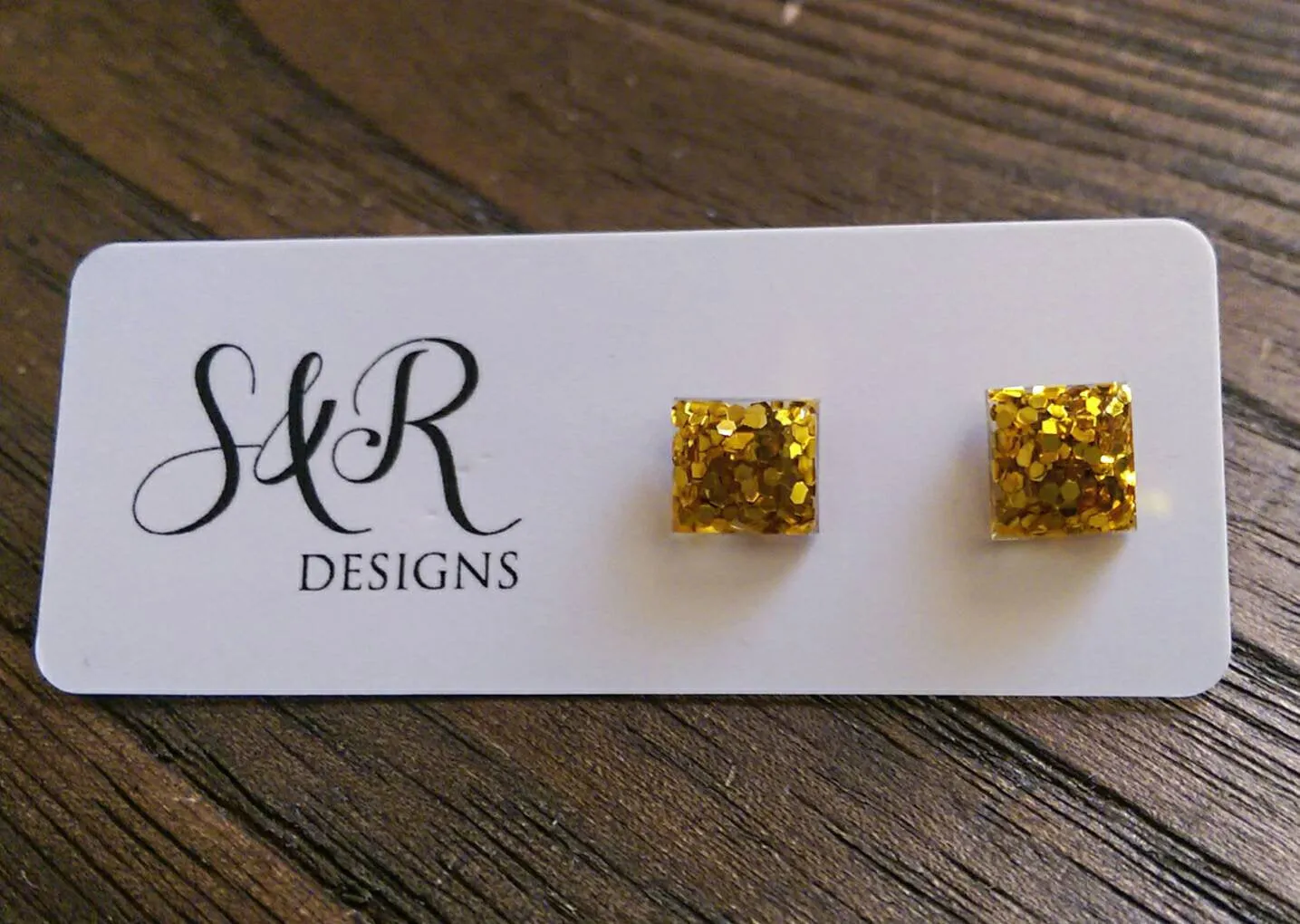 Square Resin Stud Earrings, Glitter Earrings, Gold Glitter Earrings made with Stainless Steel. 8mm