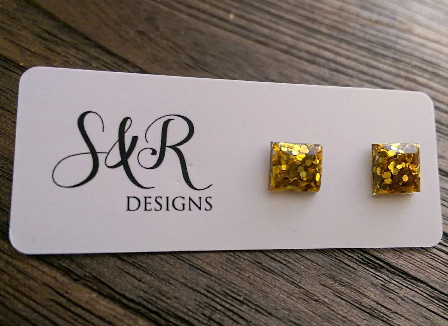 Square Resin Stud Earrings, Glitter Earrings, Gold Glitter Earrings made with Stainless Steel. 8mm