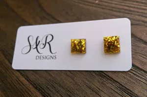 Square Resin Stud Earrings, Glitter Earrings, Gold Glitter Earrings made with Stainless Steel. 8mm