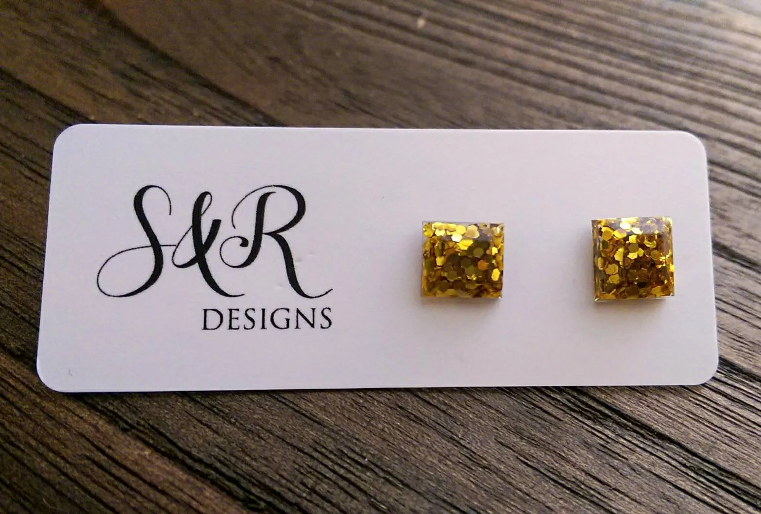 Square Resin Stud Earrings, Glitter Earrings, Gold Glitter Earrings made with Stainless Steel. 8mm