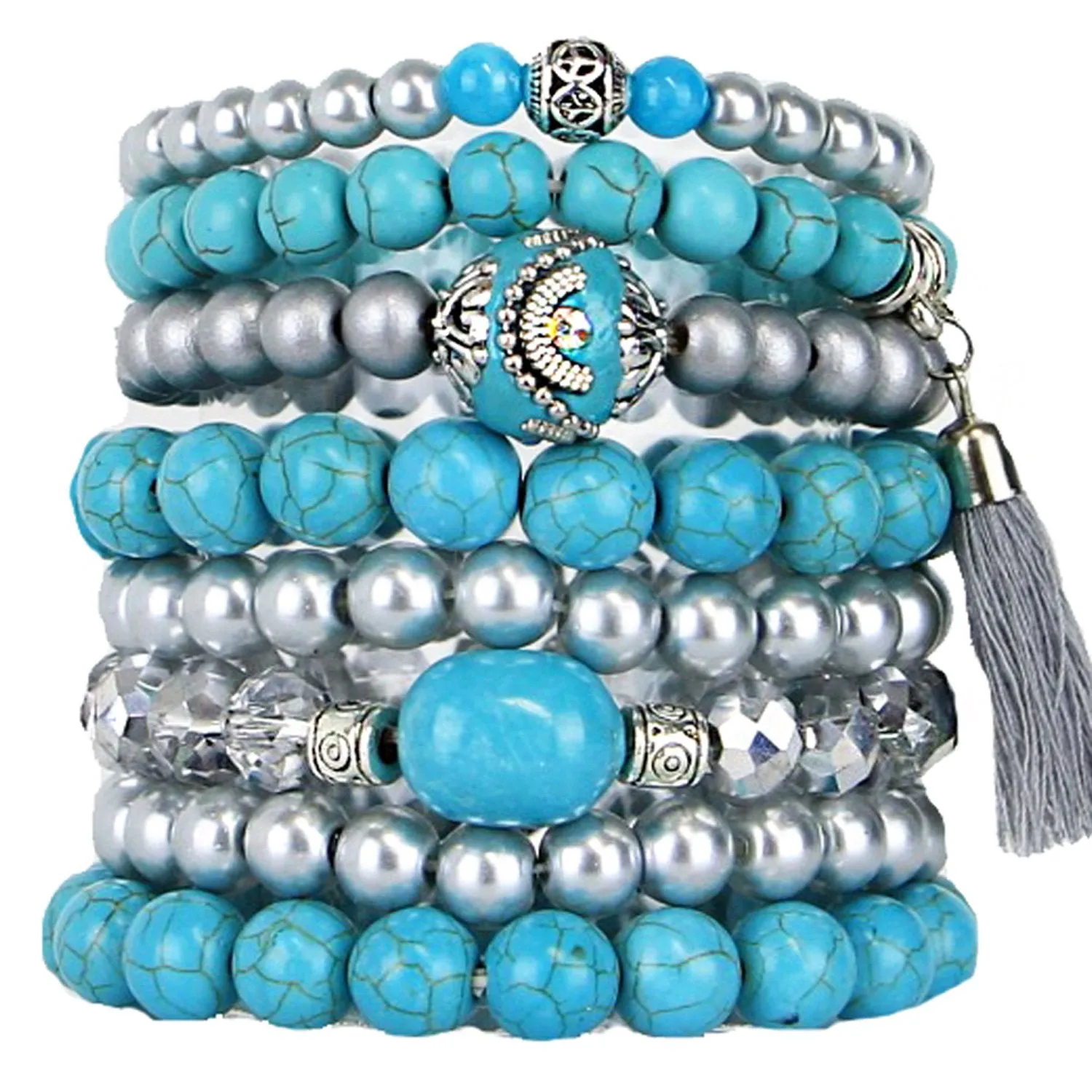 Stacking Bracelets Set of 8 Stretch Beaded Bracelets Bohemian Style with Tassel