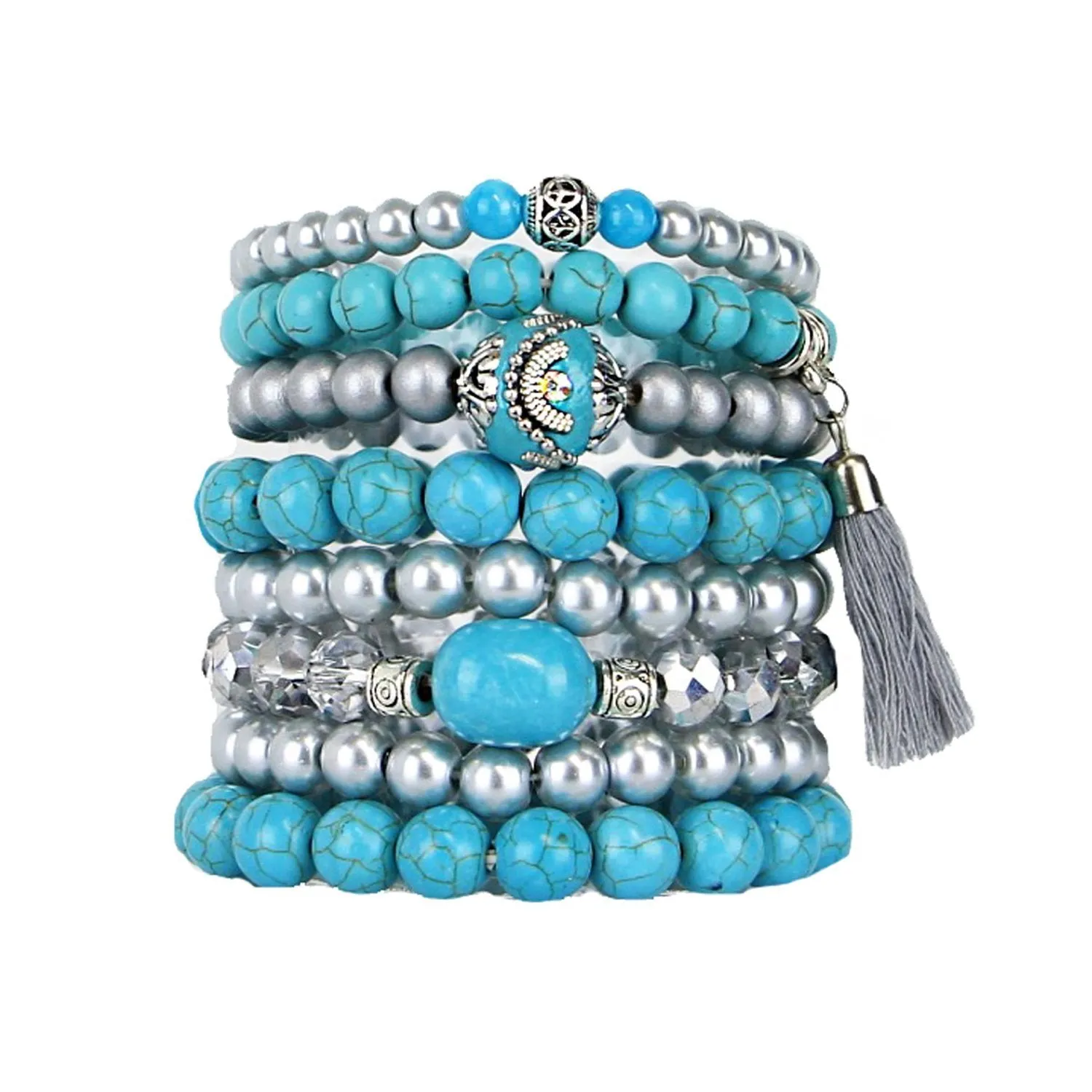 Stacking Bracelets Set of 8 Stretch Beaded Bracelets Bohemian Style with Tassel