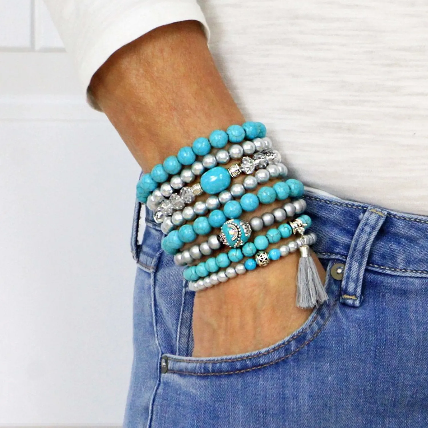 Stacking Bracelets Set of 8 Stretch Beaded Bracelets Bohemian Style with Tassel