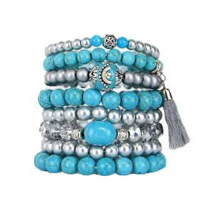 Stacking Bracelets Set of 8 Stretch Beaded Bracelets Bohemian Style with Tassel