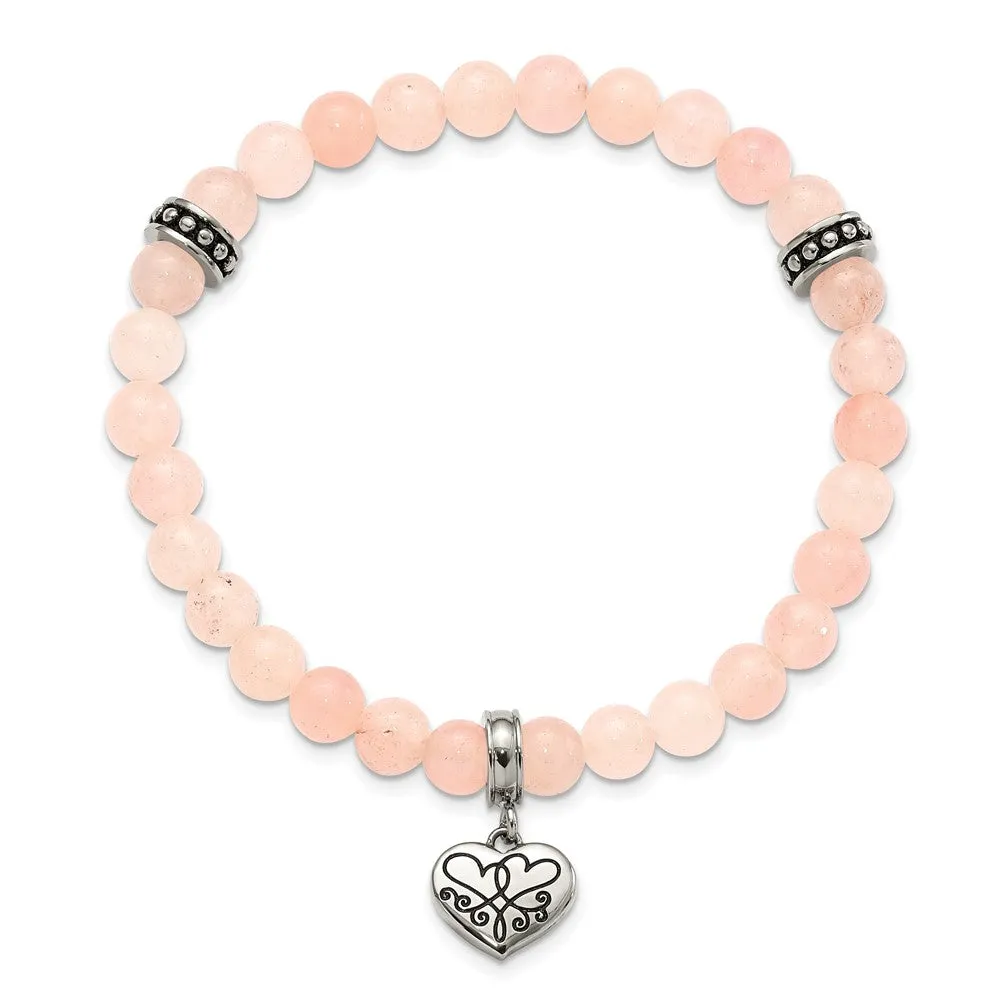 Stainless Steel Antiqued & Polished Pink Jade LOVE YOU Stretch Bracelet