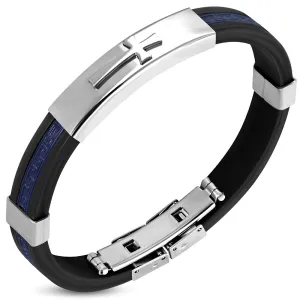 Stainless Steel Blue Black Rubber Religious Cross Bracelet