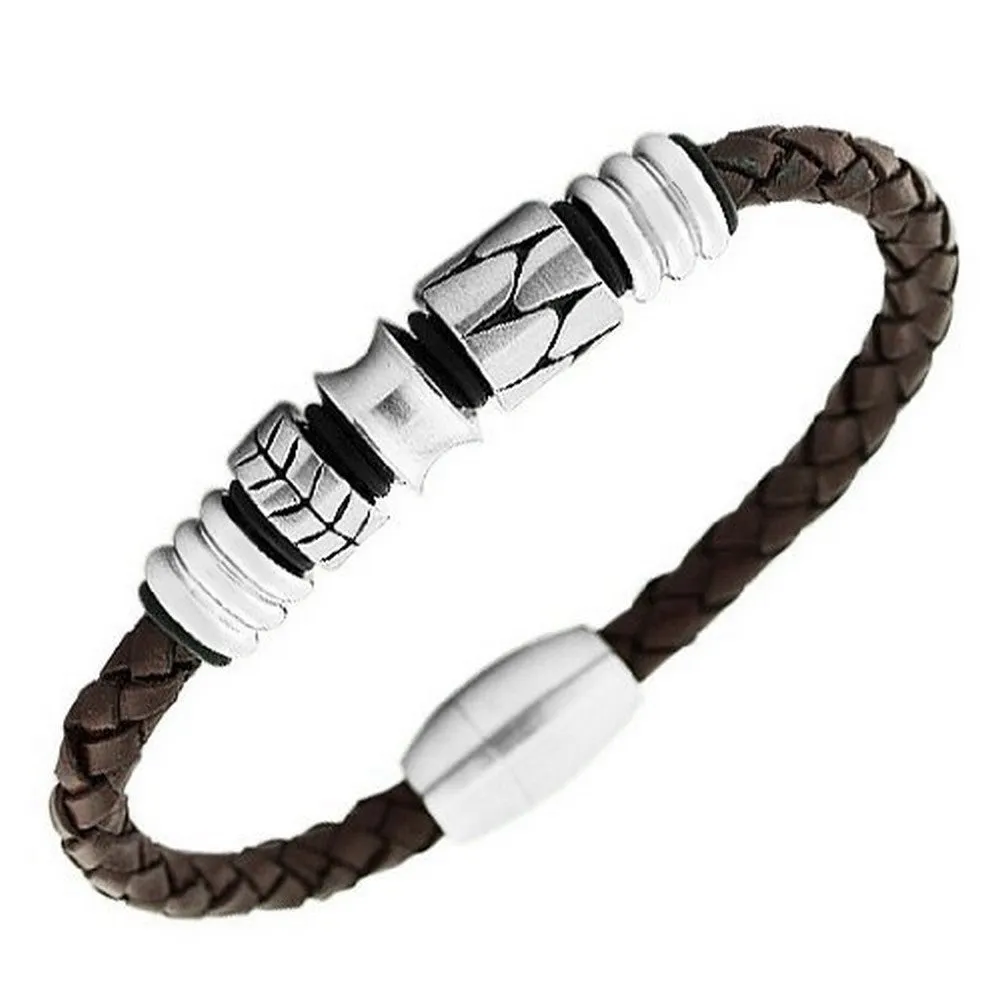 Stainless Steel Brown Leather Silver-Tone Braided Men's Bracelet