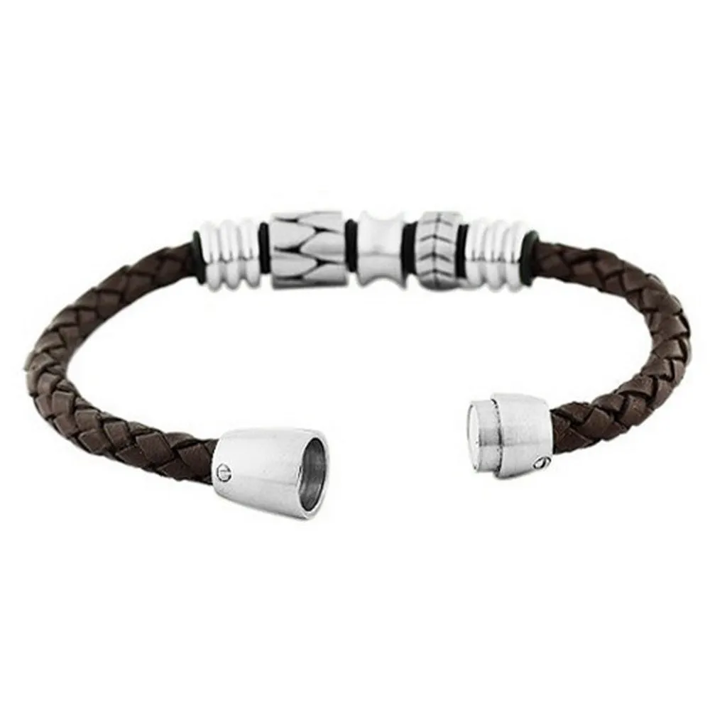 Stainless Steel Brown Leather Silver-Tone Braided Men's Bracelet