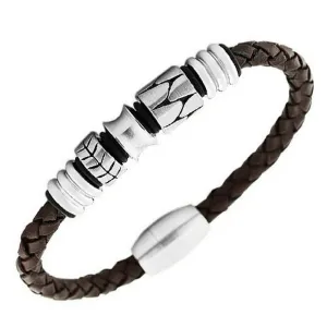 Stainless Steel Brown Leather Silver-Tone Braided Men's Bracelet
